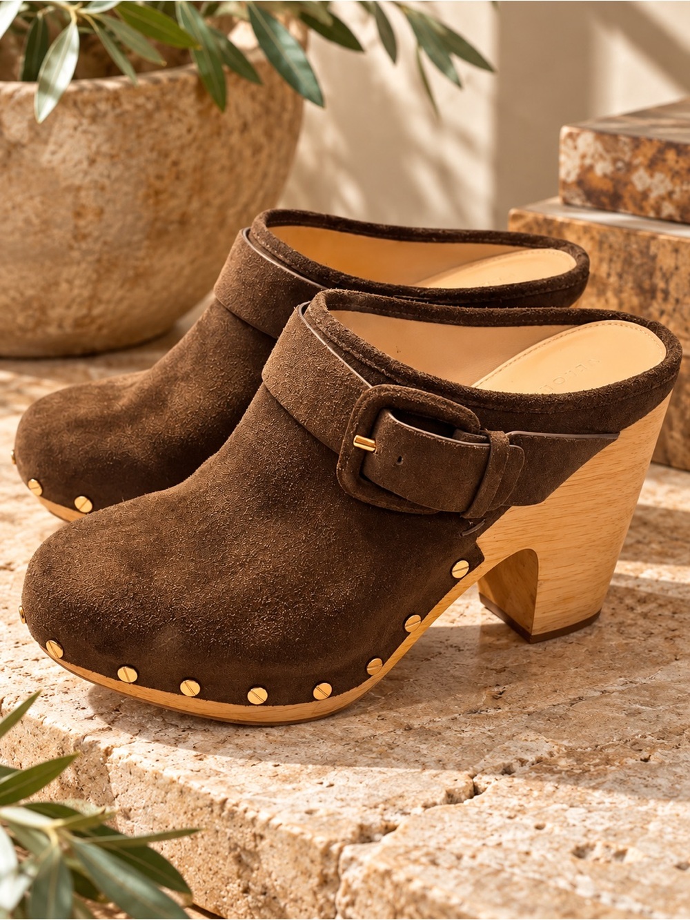 VERONICA BEARD Dacey Brown Suede Studded Platform Clog Mules Size 8.5